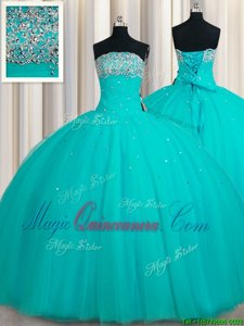 Adorable Sequins Strapless Sleeveless Lace Up Vestidos de Quinceanera Aqua Blue Tulle