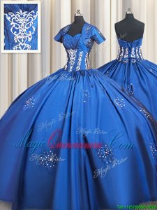 Blue Short Sleeves Taffeta Lace Up 15 Quinceanera Dress for Military Ball and Sweet 16 and Quinceanera