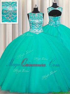 Stunning Turquoise Lace Up Scoop Appliques Sweet 16 Dresses Tulle Sleeveless