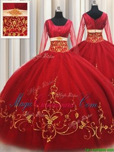 Deluxe Square Long Sleeves Zipper Floor Length Beading and Embroidery Sweet 16 Dresses