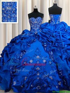 Customized Sequins Pick Ups Sweetheart Sleeveless Lace Up Vestidos de Quinceanera Royal Blue Taffeta