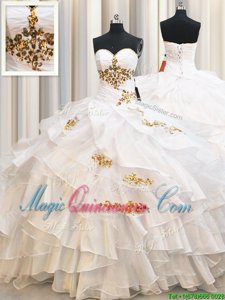 Deluxe White Ball Gowns Sweetheart Sleeveless Organza Floor Length Lace Up Beading and Ruffled Layers 15 Quinceanera Dress