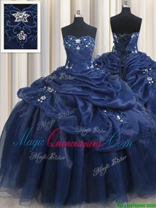Suitable Navy Blue Lace Up 15th Birthday Dress Appliques and Pick Ups Sleeveless Floor Length