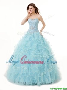 Excellent Floor Length Lace Up Sweet 16 Dress Light Blue and In for Military Ball and Sweet 16 and Quinceanera with Beading and Ruffles