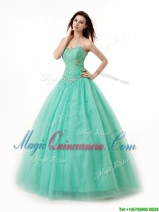 Fantastic Floor Length Turquoise Quinceanera Gown Chiffon Sleeveless Beading and Ruching