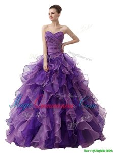 Vintage Purple Sweetheart Neckline Beading and Ruffles and Ruching 15th Birthday Dress Sleeveless Lace Up