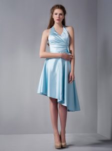 Baby Blue Halter Asymmetrical Elastic Woven Satin Damas Dress in Paris