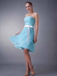 Aqua Blue Strapless Knee-length Chiffon Dresses for Damas in Dunedin