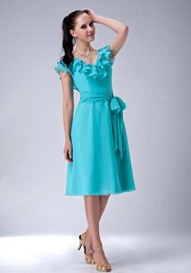 Turquoise V-neck Chiffon with Sash Dresses for Damas in Melbourn