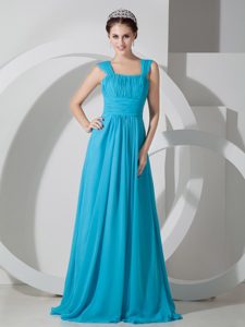 Teal Blue Square Empire Brush Train Chiffon Dama Dresses in Bergen