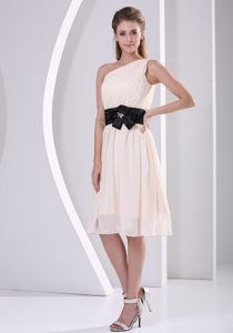 Champagne One Shoulder Chiffon Dama Dress with Black in Sash