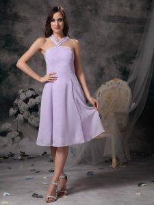 Lilac V-neck Tea Length Chiffon 15 Dresses for Damas in Puerto Rico