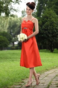 Beaded Orange Tea Length Dama Quinceanera Dresses Spaghetti Straps