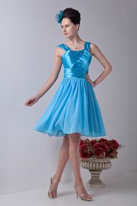Aqua Blue Taffeta and Chiffon Dresses for Damas with Ruches Straps