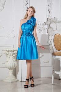 Flowery One Shoulder Ruched Quinceanera Dama Dresses in Sky Blue