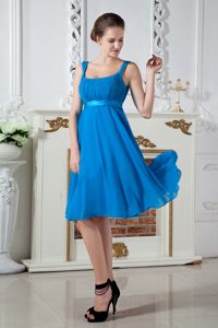 Teal Square Ruches Sash Knee Length Quince Dama Dresses in Ceiba