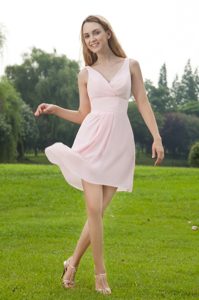 Baby Pink V-neck Mini Length Chiffon Dama Dress in Bayamon 2013