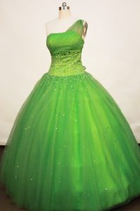 Tulle Spring Green One Shoulder Quinceanera Dress Sequined