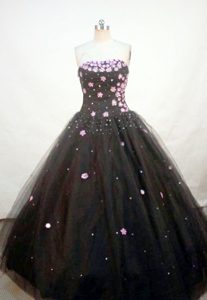 Black Appliques A-line Strapless Quinceanera Gown Sequined