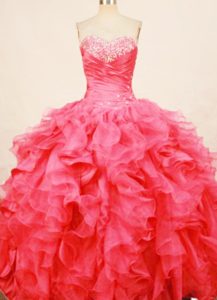 Ruffles Coral Red sweetheart beaded Dress For Quinceanera