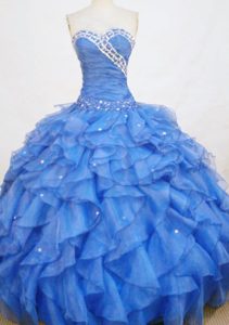 Blue Ruching Quinceanera Gowns with Ruffles and Beadings