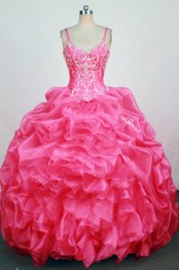 V-neck Hot Pink Straps Appliques Beaded Quinceanera Dress