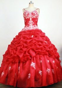 Red Spaghetti Straps Appliques Sweet Sixteen Dress Beaded