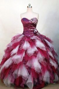 Tiered Layers White and Burgundy Organza Beaded Quinceanera Dress