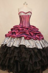 Leopard Beading Burgundy and Black Ruffled Quinceanera Dresses