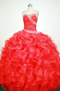 Ruching Beaded Red Quinceanera Dresses with Ruffles in Launceston