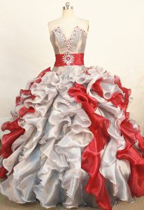 V-neck Sliver and Red Rhinestones Ruched Ruffles Quinceanera Dress