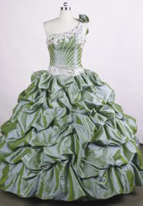 One Shoulder Flower Olive Green Appliques Beaded Quinceanera Dress