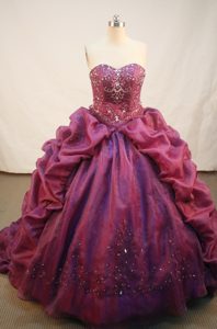 Burgundy Beaded Appliques Quinceanera Dresses with Sweep Train