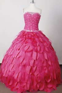 Ruching Beaded Strapless Hot Pink Quinceanera Dress with Petals
