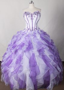 Embroidery Organza White and Purple Quinceanera Dress with Ruffles