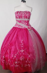 Appliques Beaded Hot Pink Quinceanera Dress with Hand Made Flowers