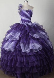 One Shoulder Colored Purple Ruffles Beaded Flowers Quinceanera Dress