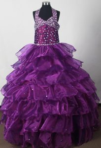 Beading Halter Eggplant Purple Tired Organza Quinceanera Dresses