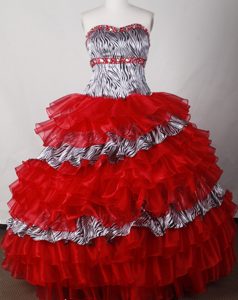 Zebra Layered Red Organza Beading Quinceanera Dress with Ruffles