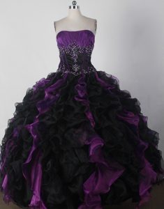 Appliques Ruched Black and Purple Quinceanera Dresses with Ruffles