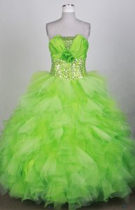 Sequined Hand Made Flowers Spring Green Ruffled Quinceanera Dress