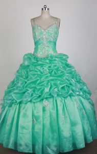 Spaghetti Straps Ruched Appliques Teal Beading Quinceanera Dresses