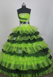 Tiered Spring Green and Black Quinceanera Dresses with Appliques