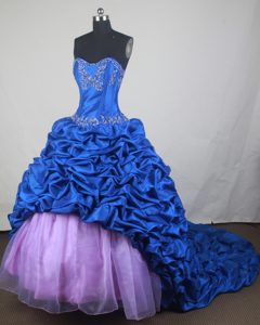 Blue Appliques Lilac Tulle Quinceanera Dresses with Court Train