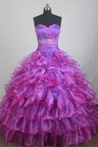 Tiered Organza Ruched Beading Fuchsia Dresses for Sweet Quinceanera