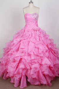 Flowers Beading Ruched Pink London Quinceanera Dress with Ruffles