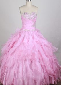 Baby Pink Ruching Beaded Sweet 15 Quinceanera Dress with Ruffles