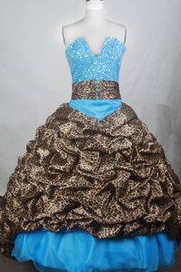 Leopard V-neck Blue Beaded Quinceanera Dresses with Brush Train