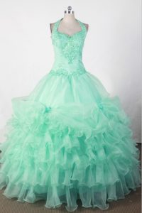 Sweetheart Halter Mint Green Quinceanera Gown with Beading and Appliques