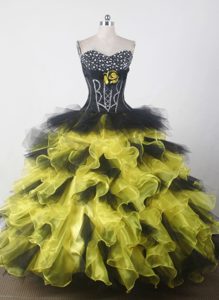 Yellow and Black Beading Sweetheart Ruffled Quincenera Dresses